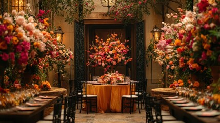 Fototapeta premium A beautifully decorated dining space adorned with vibrant flowers, creating a romantic and elegant atmosphere for gatherings or events.