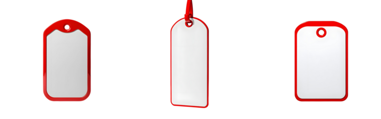 A rectangular red tag with smooth edges and a small circular hole at the top, blank white space in the center for customization, crisp outlines, isolated on a transparent background