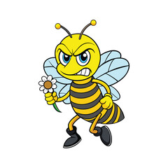 Angry Bee Character Holding a Daisy Flower