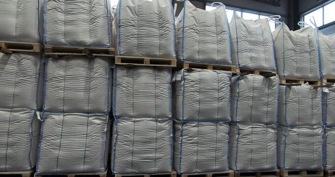 Fertilizer warehouse. Storage of fertilizers in bags for further use in agriculture.