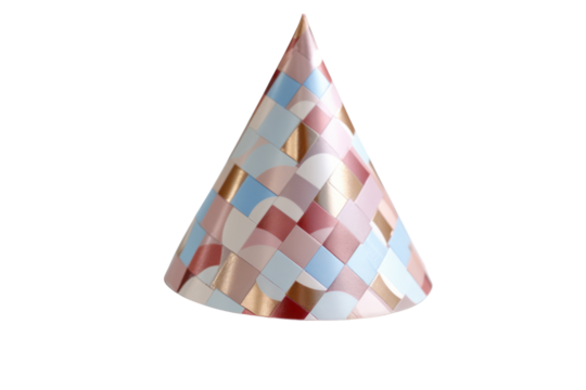 A stylish birthday party hat with a sophisticated design, incorporating pastel colors and elegant patterns, suitable for adult celebrations and gatherings.