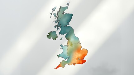 Watercolor map of the UK with regional color variations.