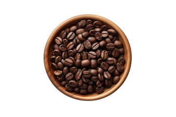 Fototapeta premium A top-view close-up of a wooden cup overflowing with dark coffee beans, showcasing their rich texture and glossy finish, set on a plain white background