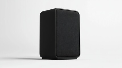 Black speaker on white background, studio shot, minimalist design, audio product
