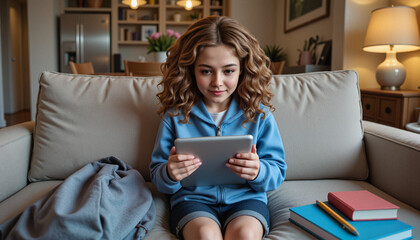Focused 9-year-old girl with curly hair using a tablet on a cozy couch in a stylish home
