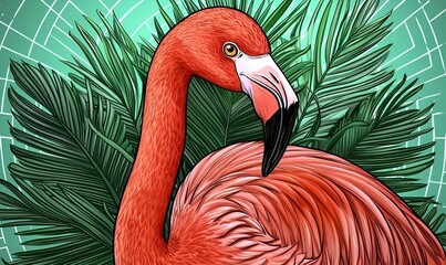 Fototapeta premium Whimsical Flamingo Amidst Tropical Foliage, A vibrant illustration featuring a pink flamingo surrounded by lush leaves and a pineapple.