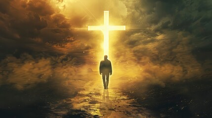 The concept of God helping and cross on the sunset background 