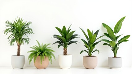 Fototapeta premium A serene arrangement of five vibrant houseplants on a pristine white shelf. Highlights include a striking Dracaena Marginata with its rich brown trunk at the forefront, against a calming neutral backd