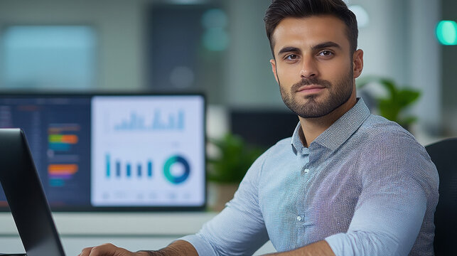 Young man looking front side while working at office. graph on computer screen background