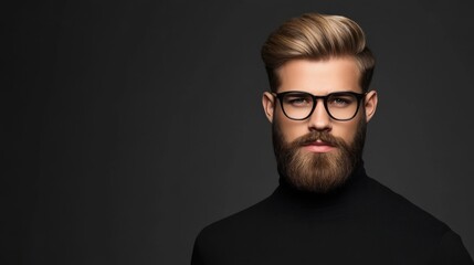 Fototapeta premium Stylish man with glasses and beard in black turtleneck against dark background for modern fashion concepts
