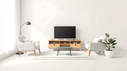 Minimalist living room with TV, armchairs, and coffee table.