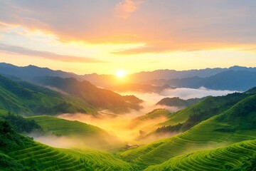 Fototapeta premium Golden Hour Illuminating Remote Rice Terraces with Farmers Tending to Crops and Misty Valleys