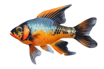 A vibrant Achilles fish showcasing its bright orange and blue coloration, swimming gracefully through the water. The fish's distinctive black markings are prominently displayed as