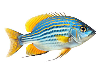 Fototapeta premium A vibrant Achilles fish with striking blue and yellow coloration, showcasing its elongated fins and distinctive patterns. The fish gracefully swims through the water, displaying its unique features.