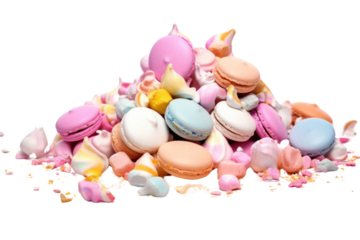 A vibrant arrangement of smashed meringues in various pastel colors, accompanied by scattered pieces of macaroons and small marshmallows. The background is a soft pink