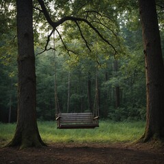 "A swing hanging from a tree branch in a quiet forest."