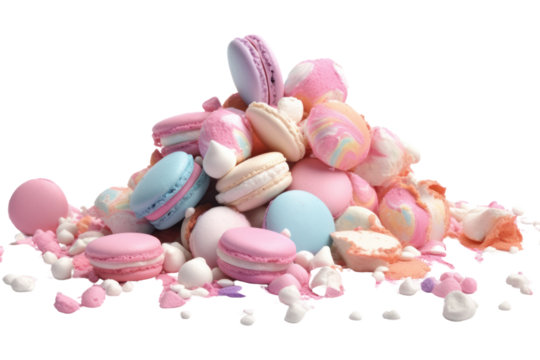 A vibrant arrangement of smashed meringues in various pastel colors, accompanied by scattered pieces of macaroons and small marshmallows. The background is a soft pink
