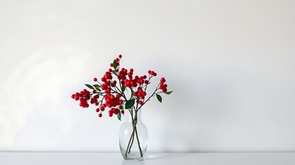Red berries in a clear glass vase against a white wall.