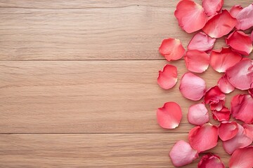 Fototapeta premium Romantic Rustic Rose Petal Arrangement on Wooden Table in Soft Natural Light