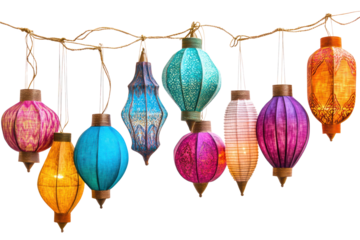 A vibrant collection of colorful paper lanterns hanging from a string against a white background, showcasing various shapes and patterns, creating a festive atmosphere.