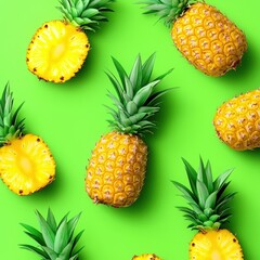 Vibrant Pineapple Pattern on Bright Green Background