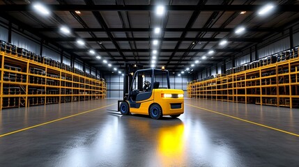 Expansive Modern Warehouse Scene with Active Forklifts and Industrial Equipment, Showcasing Efficient Logistics Operations and Storage Solutions
