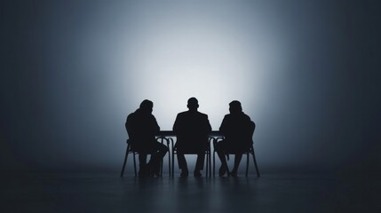 Naklejka premium Silhouetted figures seated at a table in a dimly lit room.