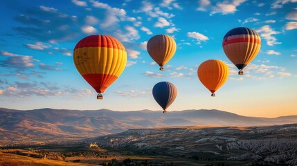 Obraz premium Balloons flying into the blue sky, symbolizing freedom and joyful celebrations 