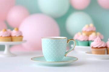 Whimsical Pastel Tea Party Setup with Delectable Treats and Charming Teacups