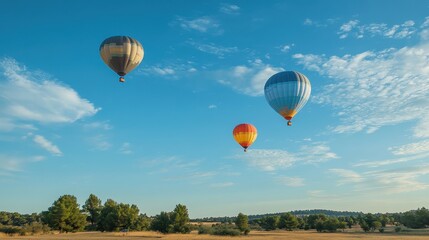 Fototapeta premium Balloons flying into the blue sky, symbolizing freedom and joyful celebrations 