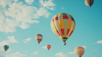 Obraz premium Balloons flying into the blue sky, symbolizing freedom and joyful celebrations 