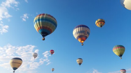 Obraz premium Balloons flying into the blue sky, symbolizing freedom and joyful celebrations 