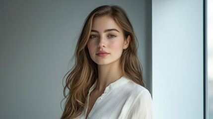 Fototapeta premium A woman with long brown hair and a white shirt is standing in front of a window. Generative AI