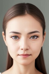 Naklejka premium Close-up of a serene woman with minimal makeup, soft lighting enhancing her natural features