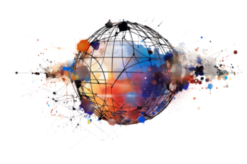 Abstract network lines connecting to form a globe with emerging digital tech icons, symbolizing global digital transformation and the next era of technological advancements