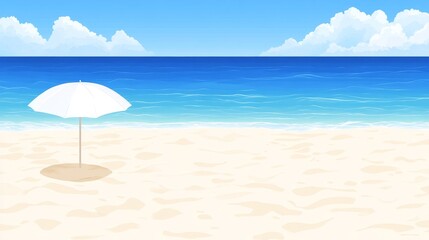 Fototapeta premium Idyllic Beach Scene with White Umbrella on Sandy Shore