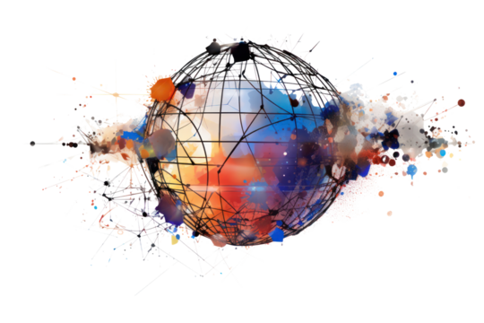 Abstract network lines connecting to form a globe with emerging digital tech icons, symbolizing global digital transformation and the next era of technological advancements