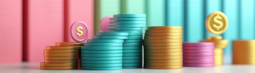 Obraz premium A vibrant stack of colorful coins in various heights against a backdrop of pastel-colored blocks, symbolizing wealth and financial growth.