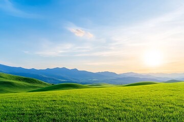 Obraz premium Serene Rural Landscape with Rolling Hills and Golden Fields at Sunset