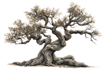 An artistic drawing of a tree with twisted branches and detailed bark texture, depicting each leaf individually in a sketch style.