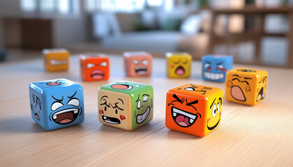 Illustrated cubes with diverse emotions on a light wooden table, highlighting the spectrum of...