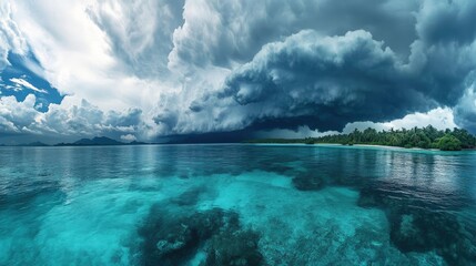 A wide-angle view of a thunderstorm approaching, with dark clouds dominating the sky.