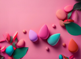 Fototapeta premium Colorful makeup sponges arranged artistically with vibrant green leaves on a pink background. A playful, beauty-focused image.