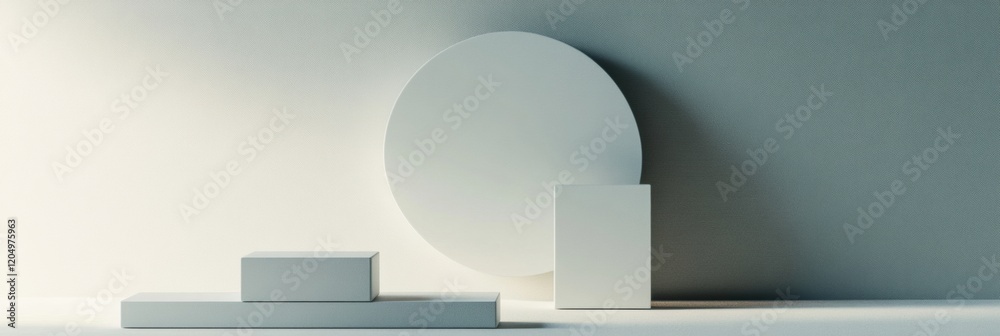Poster Minimalist arrangement of white geometric shapes on light background with soft shadows highlighting their forms. Generative AI