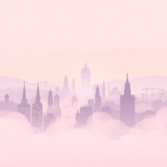 Fototapeta premium Misty city skyline at dawn, pastel pink.