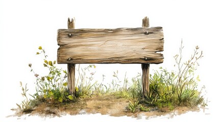 Fototapeta premium Blank Wooden Sign Surrounded by Wildflowers and Greenery