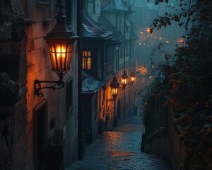 Twilight in an old city with gas lamps illuminating the narrow streets 