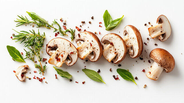 sliced champignon mushrooms advertising photography white background
