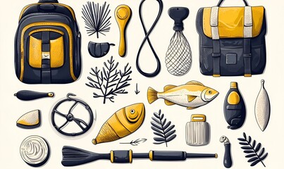 Fishing Essentials, A collection of hand-drawn fishing gear and elements, showcasing rods, reels, lures, and aquatic life in a charming style.