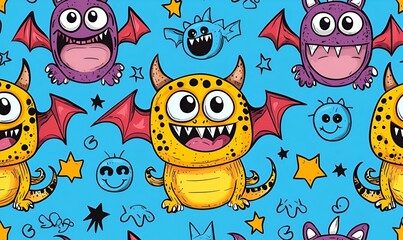 Fototapeta premium Whimsical Monsters Pattern, a playful design featuring charming, hand-drawn creatures in a seamless layout, perfect for children's decor or merchandise.